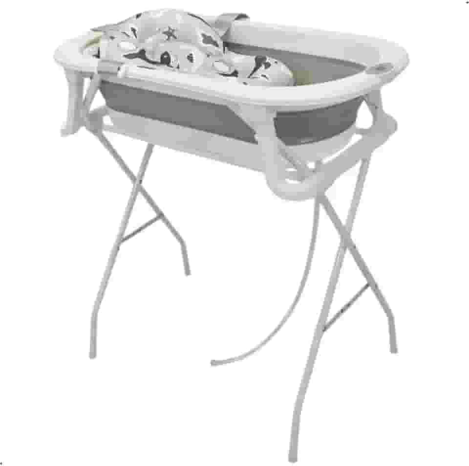 Banheira Dobrável Para Bebê Com Suporte Termômetro e Almofada Redutora Grey Branco Até 16Kg Premium Baby