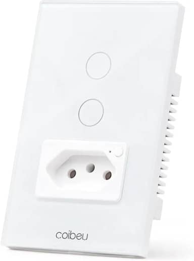 Interruptor Inteligente WiFi com Tomada, Interruptor Smart Sem Fio Doméstico Multifuncional, Controle Remoto de Eletrodomésticos Por Celulares, Branco, 2 Botao, com neutro