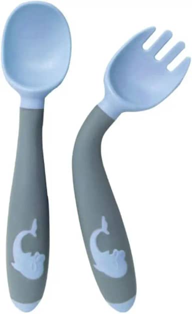 Kit Talher Garfo E Colher Infantil De Silicone Flexível Refeição Treinamento Transição 2 Pçs Introdução Alimentar Para Bebê Criança +6m (Azul)