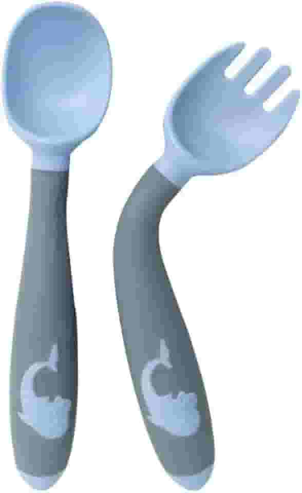 Kit Talher Garfo E Colher Infantil De Silicone Flexível Refeição Treinamento Transição 2 Pçs Introdução Alimentar Para Bebê Criança +6m (Azul)