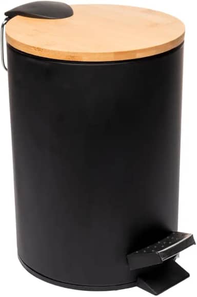 LYOR - Lixeira Redonda De Metal Com Pedal e Tampa Em Bambu Preta 3L