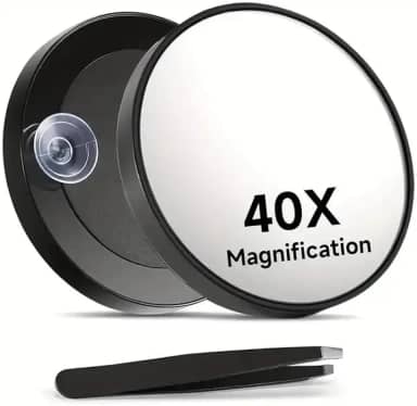 Espelho de aumento 40X, duas ventosas e pinças, espelhos de maquiagem ampliados para viagem de 8,5 cm, pinças para cabelo facial feminino, preto