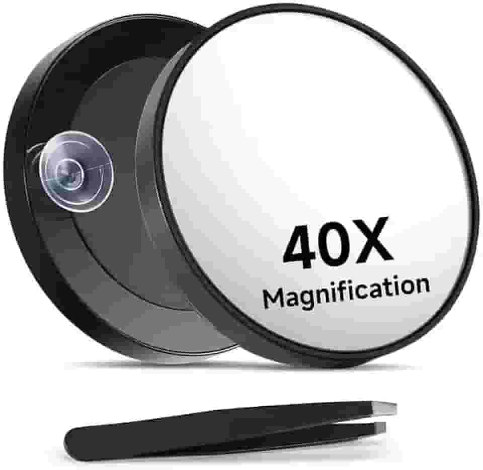 Espelho de aumento 40X, duas ventosas e pinças, espelhos de maquiagem ampliados para viagem de 8,5 cm, pinças para cabelo facial feminino, preto