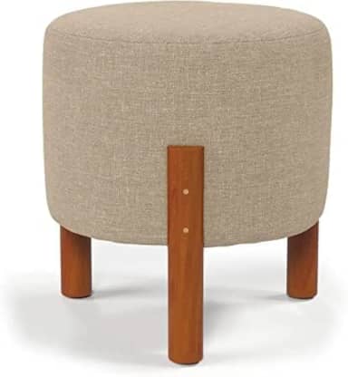 Puff Redondo Luxo Decorativo Charme com Pés de madeira Linho Bege