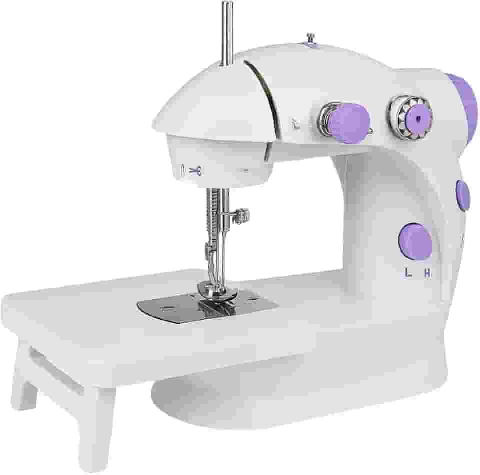 Mini Máquina de Costura Reta Portátil Bivolt Compacta com Mesa Extensora 110V/220V - 2 Velocidades com Pedal, Fonte e Manual