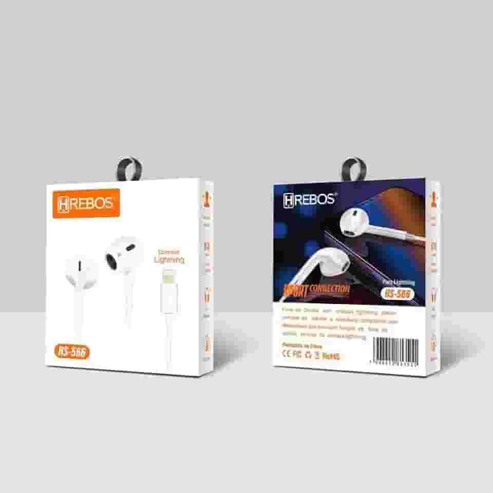 Fone de Ouvido com Fio Lightning, Hrebos Microfone Integrado, Controle de Volume, Branco