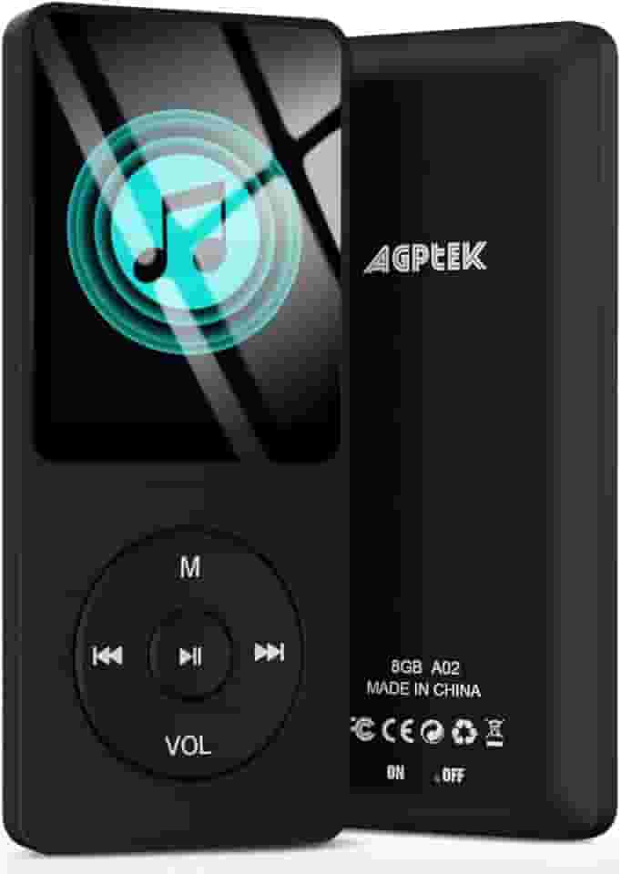 AGPTEK Leitor de MP3 A02 de 8 GB, reprodutor de música de som sem perdas de 70 horas, suporta até 128 GB, preto