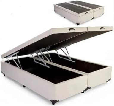 Cama Báu Box Base Queen Bipartido Corino Blindado com Pistão a Gás. (Bege)
