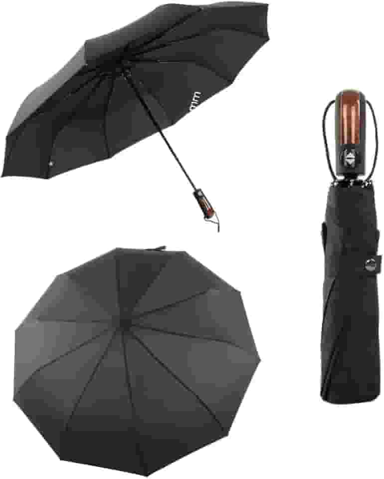 Guarda-Chuva Compacto Automático Reforçado com Cabo de Madeira – Guarda Chuva Resistente ao Vento, À Prova d’Água, Design Elegante, Dobrável e Portátil para Viagem e Uso Diário