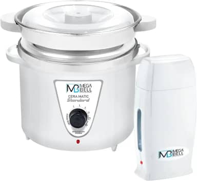 Kit Panela Depilação Termocera 900g Com Refil Branco + Aquecedor de Cera Roll-on Todo Branco Mega Bell