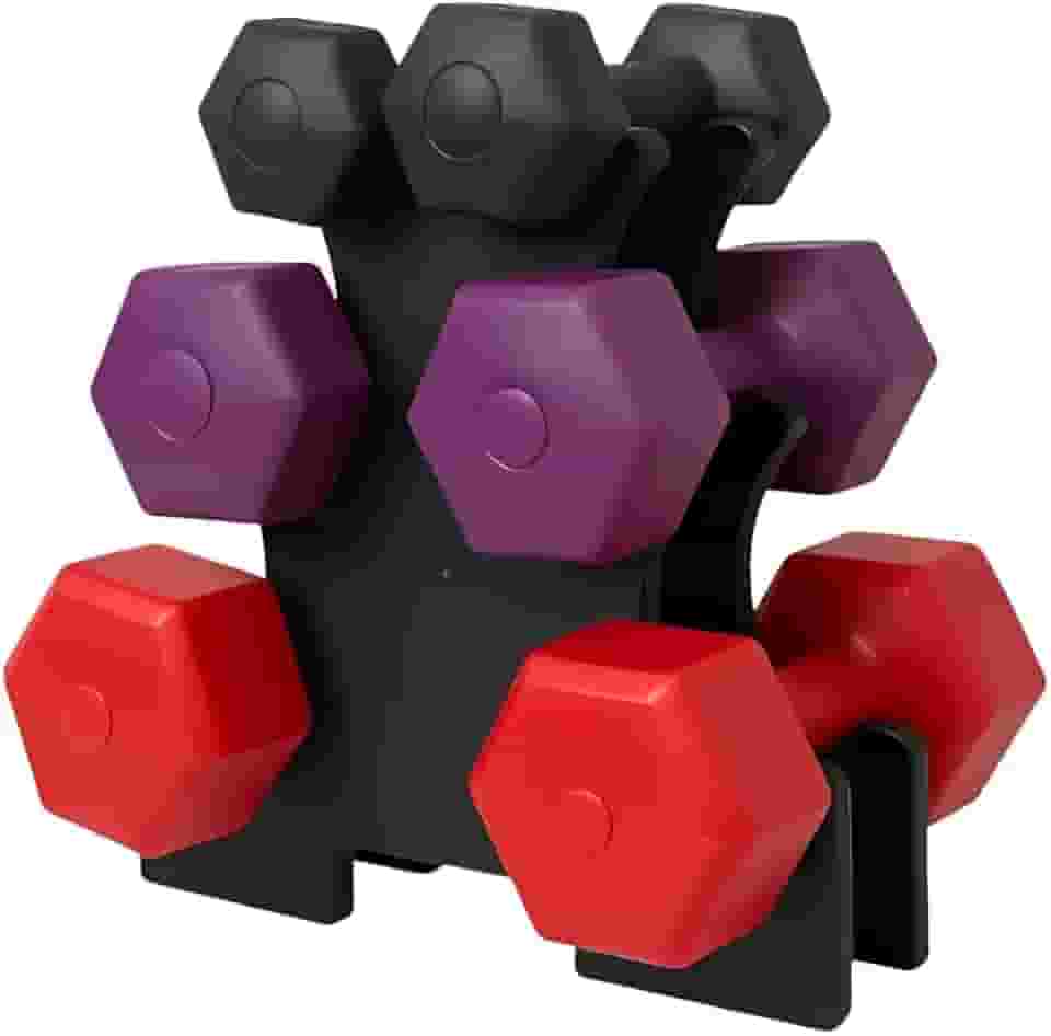 Kit 3 Pares de Halteres Sextavado de Plástico 1kg 2kg 3kg com Rack Suporte Preto Musculação Academia Fisioterapia - Lojas Tahara