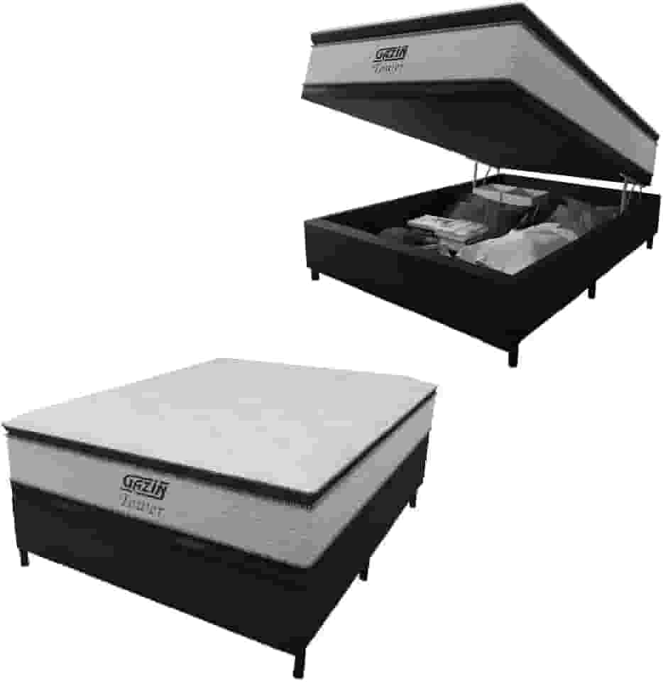 Cama Box Baú Casal Colchão Molas Pocket Ensacadas Tower 138x188x75cm Branco/Preto Gazin - Suporta até 120kg por Pessoa
