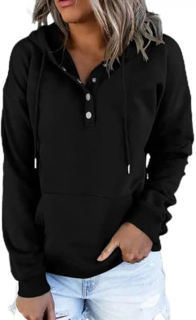 Pulôver feminino com capuz e gola de botão - blusa de manga longa com cordão, conforto casual