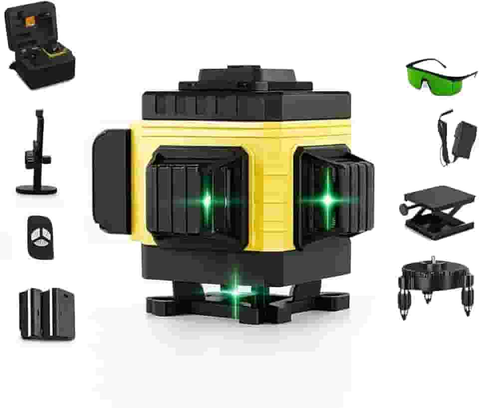 Nível A Laser 3D Verde Profissional 12 Linhas Baterias Recarregável Alcance 25 Metros Precisão - Nivelador Construção com Controle Remoto + Maleta E Suporte Magnético Base Medidor (Amarelo e Preto)