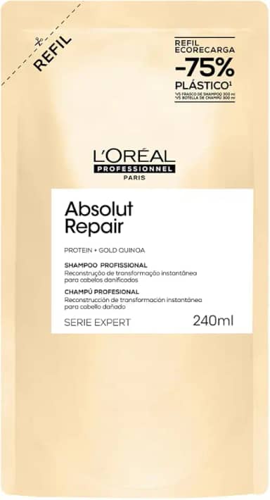 L'Oréal Professionnel Serie Expert Absolut Repair, Shampoo Reconstrutor para Cabelos Danificados e Finos Refil com Quinoa Dourada, Reparação Profunda e Brilho Intenso 240ml