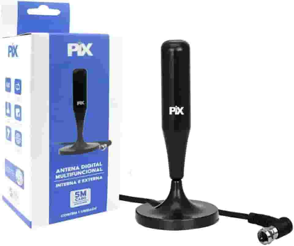 Antena Digital Interna e Externa Amplifica HDTV Cabo 5 Metros – Sinal Full HD, UHF/VHF/FM, Base C/Imã – Prova d'água - Ideal para Conversores Digital - Plug 90 Graus.