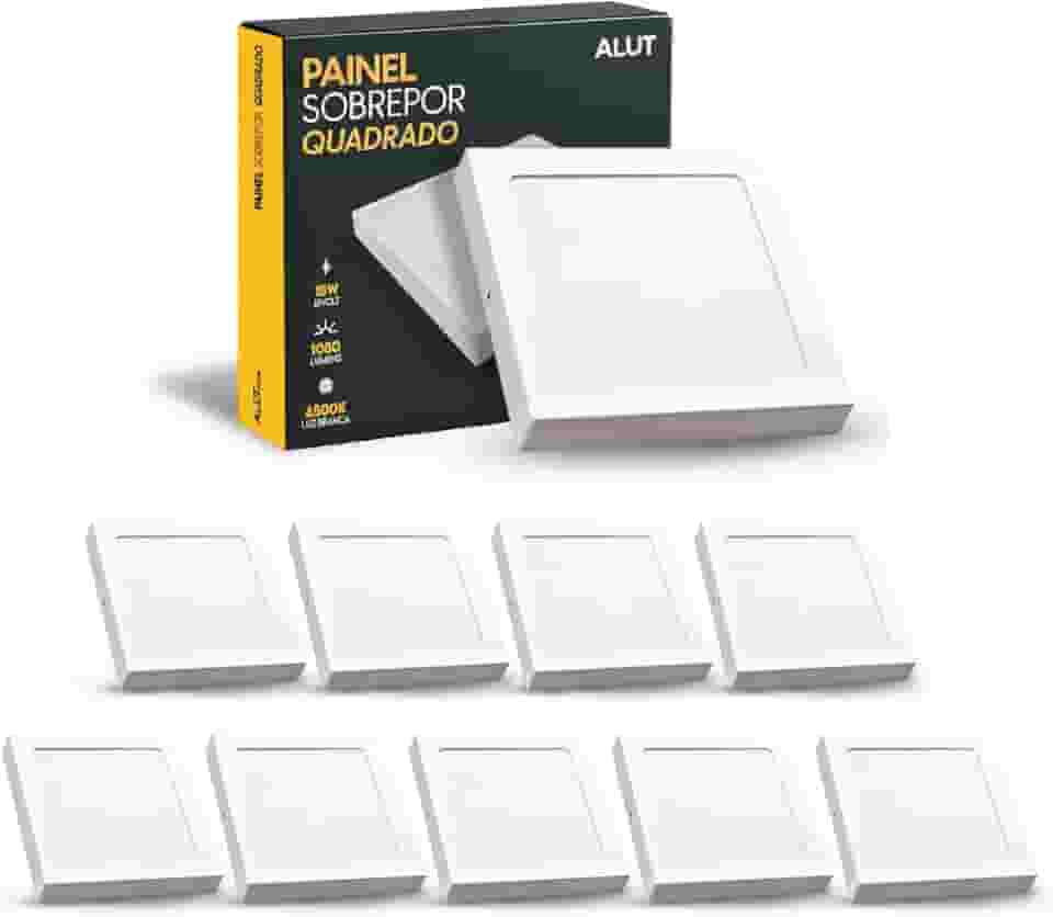 Kit 10 Unidades ALUT Painel LED de Sobrepor Quadrado, 18W Plafon 6500K Branco Frio, Luminária Bivolt Slim de Instalação Rápida