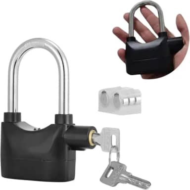 Cadeado com Alarme Antifurto Reforçado e Chave Tetra - Trava de Segurança para Moto, Bike, Portão e Armários + Bateria Extra