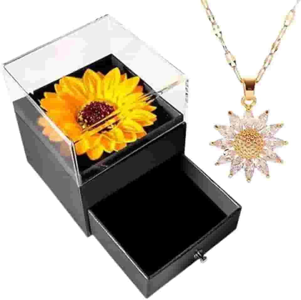 Colar Pingente Girasol Caixa Presente Namorada Girassol Eterno Luxo Dia dos Namorados Feminino Presente Natal Esposa Mãe Eu te Amo