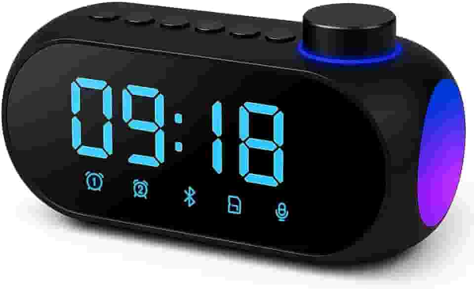 Rádio Relógio Digital Despertador, Caixa de som Bluetooth, alarme, rádio FM, microfone, portátil, 5W, bateria 1200mAh, SD card, LED (Preto)