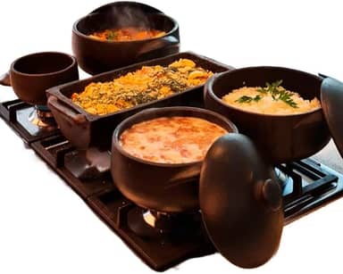 Panela de barro (pequena, média e grande, com capacidade de 1 litro, 2 litros e 5 litros, respetivamente) + 2 tigelas pequenas