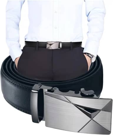 Cinto Social Masculino em Couro com Fivela Automática Geométrica, Design Moderno, Preto