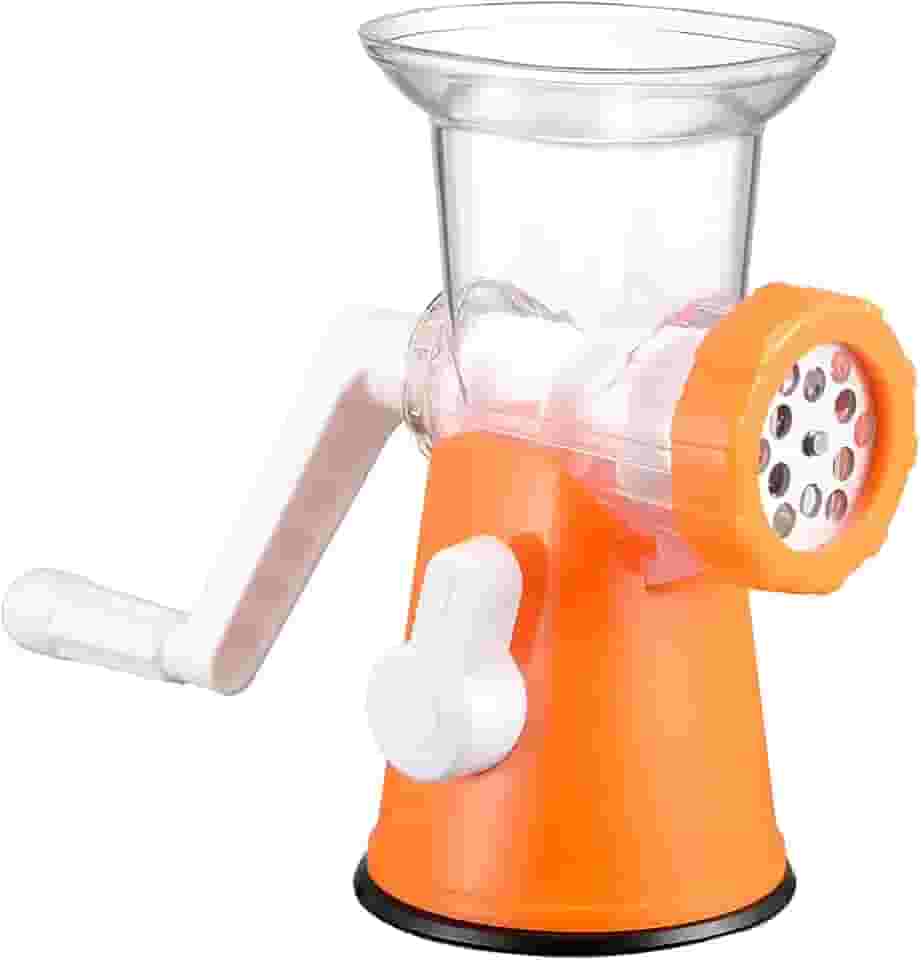 Moedor de Carne Manual Multifuncional, ABS e Aço Inox, Branco e Laranja, 20,8cm, com Manivela e 2 Discos, para Carnes, Aves e Legumes