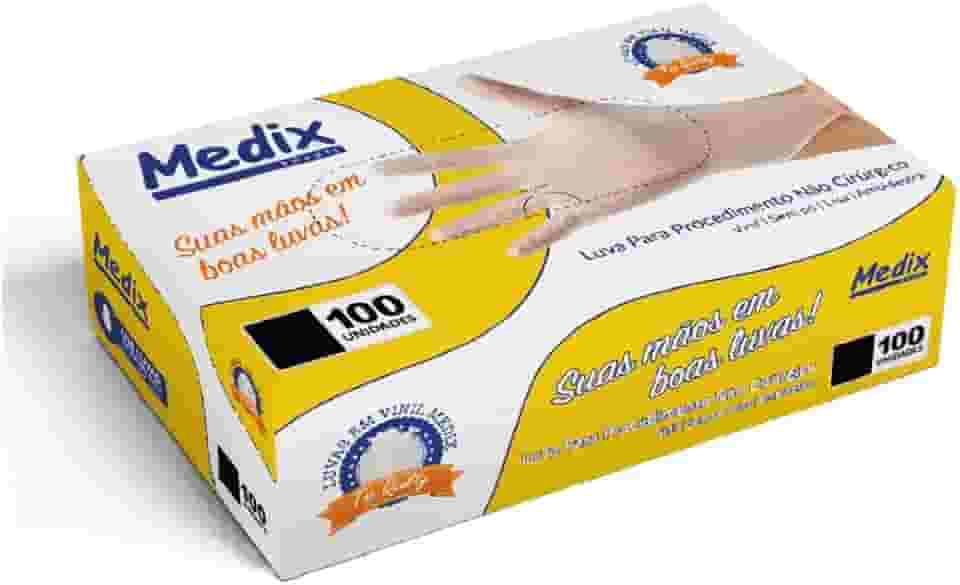Luva Vinil Saúde Sem Pó Medix Brasil Tamanho M - Caixa Com 100 Unidades