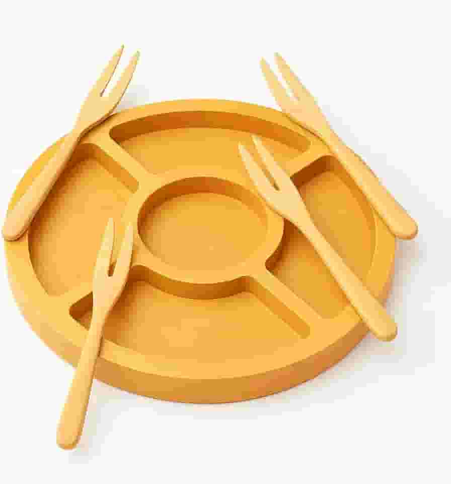 Kit Petisqueira de Bambu 29x29 cm com 4 Garfinhos | Tábua para Frios, Queijos e Petiscos | Sustentável e Elegante