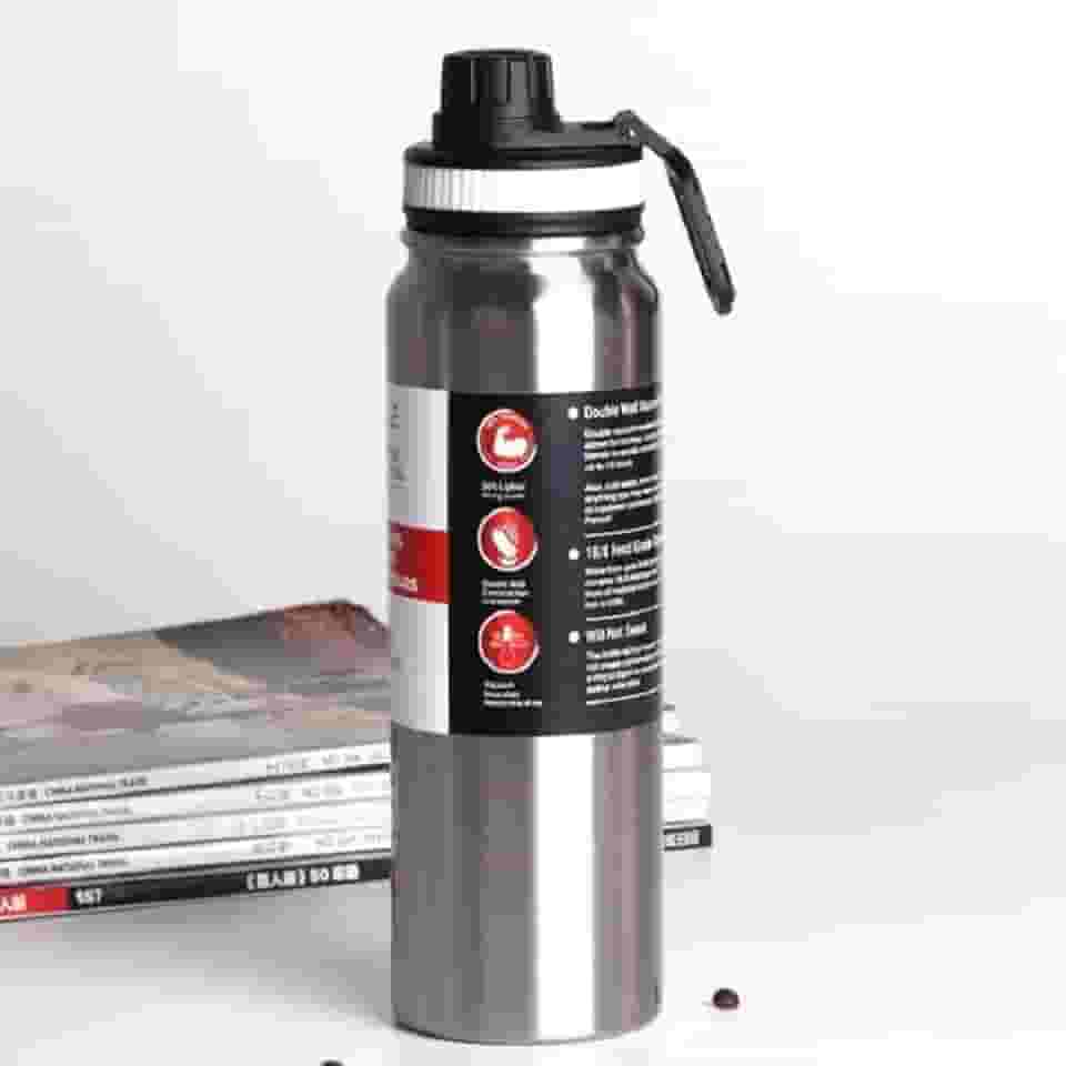 Garrafa de Água Térmica Aço Inox Esportiva Academia Isolada a Vácuo Aço Inox 304 de 800ml (PRATA 1321)