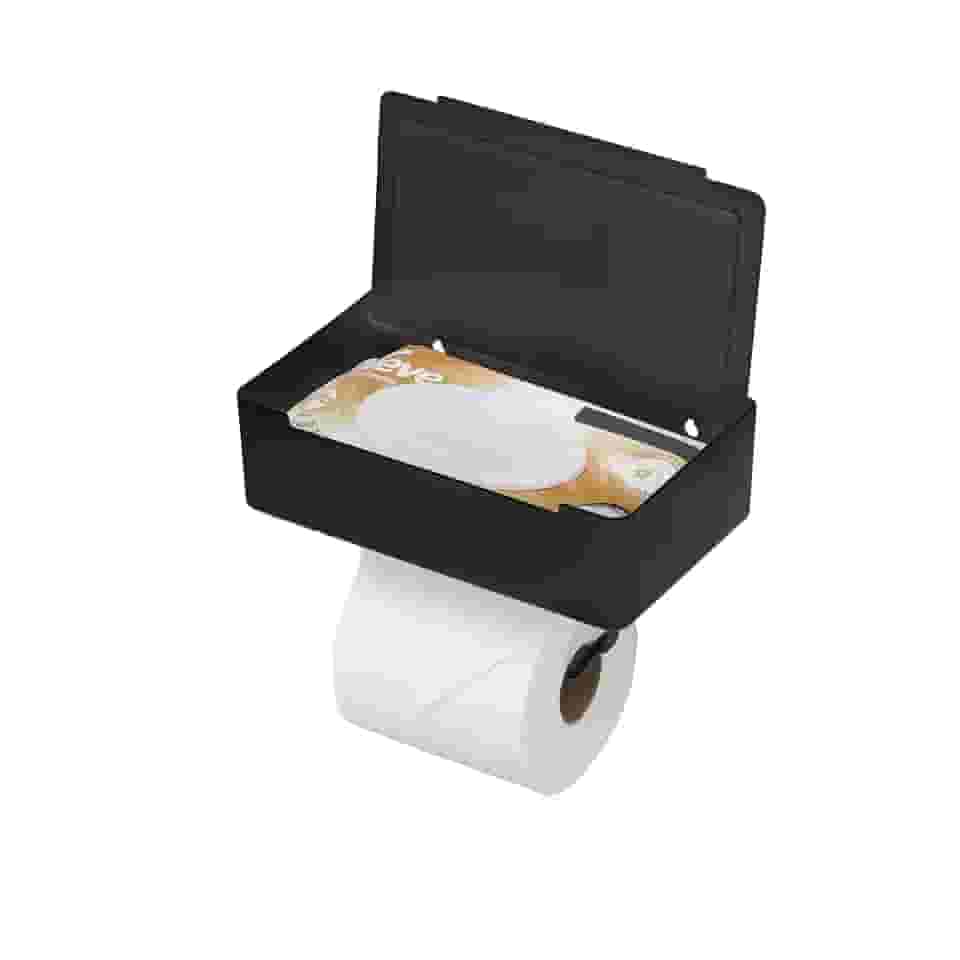 Porta Lenços e Papel Higiênico Arthi | Design Moderno Funcional | Versatilidade Praticidade | Gancho Integrado | Fita 3M Instalação | Organização de Banheiro | Suporte para Celular | Acabamento Preto