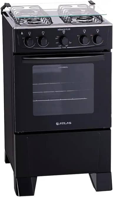 Fogão 4 bocas Atlas Mônaco Plus Preto com Acendimento Automático e Mesa Inox