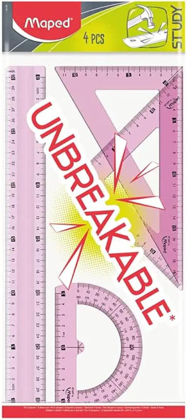 Conjunto Rágua 30cm + Esquadros Isósceles 45° e Escaleno 60° + Transferidor 180°, Maped, Study Unbreakable, 981701, Cores Sortidas