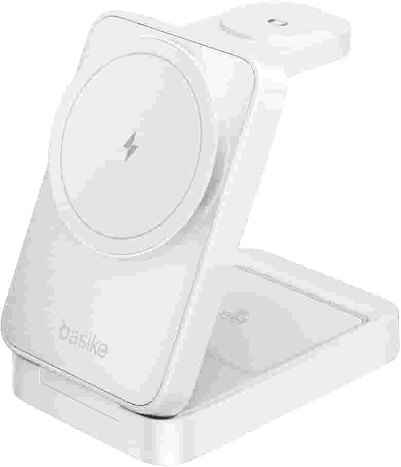 Basike Carregador Sem Fio 3 em 1 Magnético 2025, Estação de Carregamento Portátil com Luz Noturna, Dobrável e Compatível com MagSafe, iPhone 16/15/14/13/12, Apple Watch e AirPod (Branco)