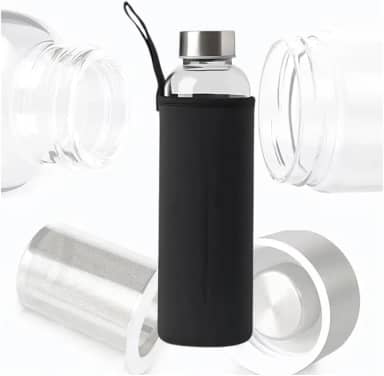 Garrafa de Vidro com Infusor e Capa Neopreme 550ml Preto – Ideal para Chá, Água Saborizada e Bebidas Naturais