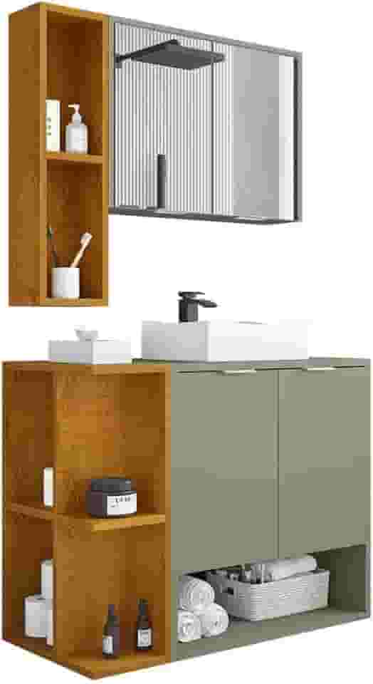 Gabinete Banheiro Ibiza 2 Portas Cuba e Armario Espelheira Pistache/naturale