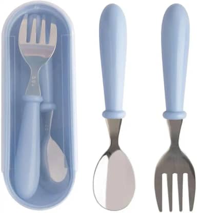 Jogo Talheres Colher Garfo Inox Infantil, Kit Com Estojo Bebê, introdução alimentar, passeios e viagens (Azul)
