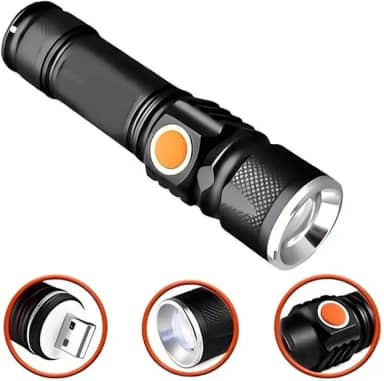 Lanterna LED Tática Recarregável USB, Mini Portátil, com Zoom Ajustável, Preta