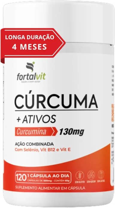 Cúrcuma +Ativos Longa Duração: 4 Meses de Uso, Curcumina, Vitamina E, Selênio e B12, 120 Cápsulas, Fortalvit