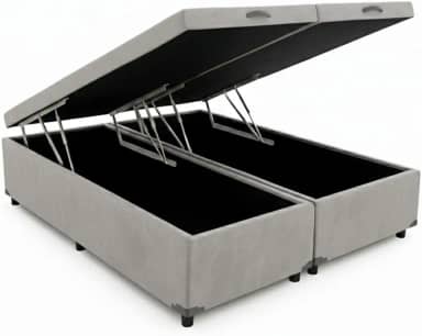 Cama Queen Base Box Baú Bi-partida Corino 79 Cinza Blindada E Resistente
