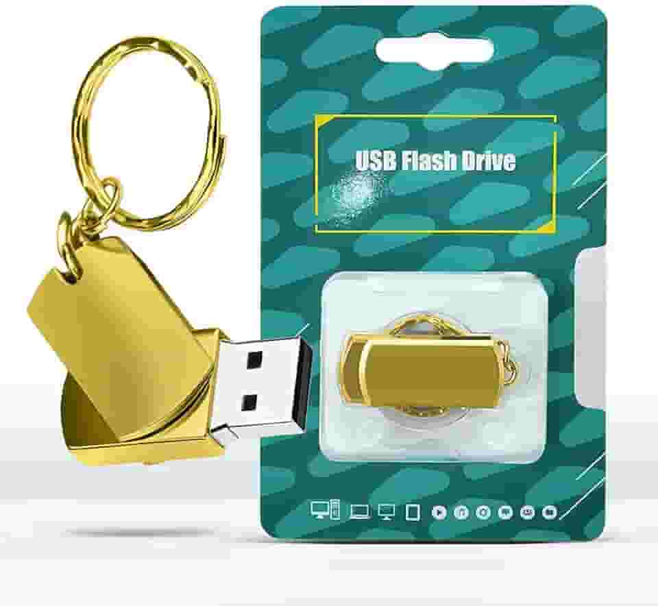 Pen drive USB 2.0 de 64 GB para laptop, PC, cartão de memória portátil para backup de armazenamento de dados, pen drive de armazenamento USB com design giratório com chaveiro, dourado