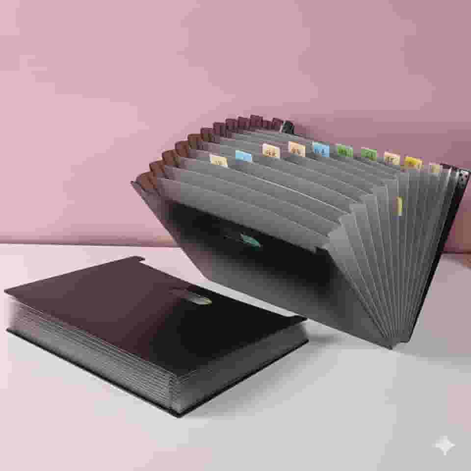 Pasta Sanfonada Expansível com 12 Divisórias, Resistente a Água, Preto, Inclui 24 Etiquetas, Grande Capacidade, Organizador de Documentos