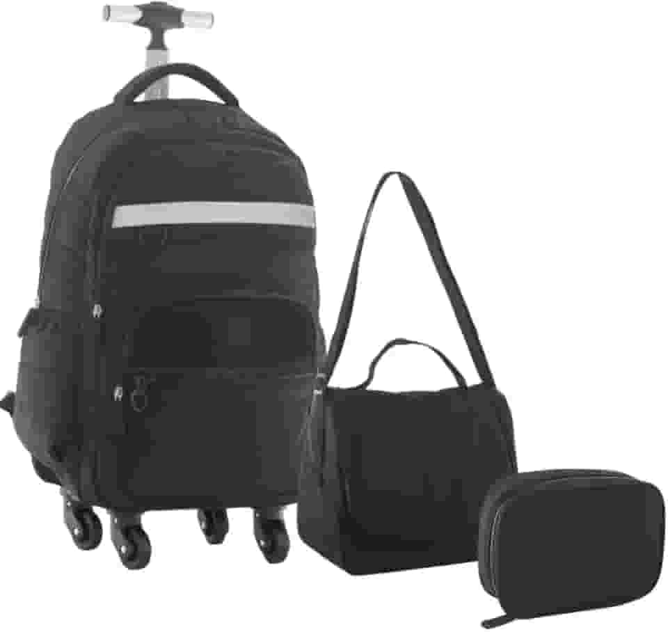 Kit Mochila Escolar Juvenil Masculino 4 Rodas 360° Desenho do Tecido Matelassê Com Lancheira Térmica e Estojo Box (PRETO)