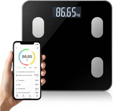 Balança Digital Bioimpedância Bluetooth 180kg App Saúde iOS Android – IMC, Gordura Corporal, Massa Muscular, Massa Óssea, Água Corporal, Taxa Metabólica BMR, Vidro Temperado LED