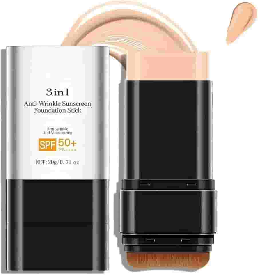 Bastão de base antirugas 3 em 1 de luxo FPS 50+ com escova, bastão de base fosco hidratante não pegajoso, loção protetora solar para rosto e corpo, cor média, 3 ml