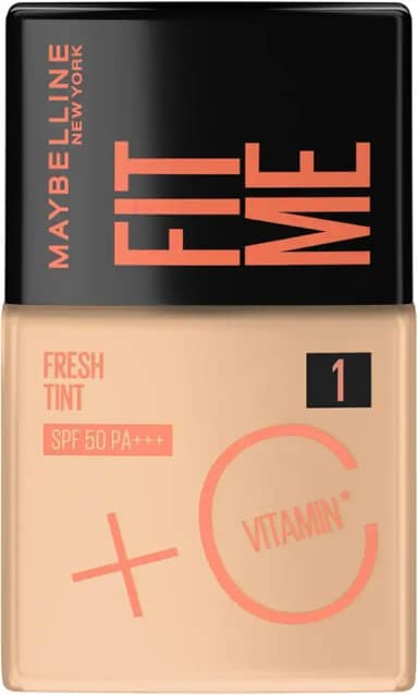 Maybelline NY Fit Me Fresh Tint Base Líquida, Proporciona Efeito Glow Natural, Controla a Oleosidade e Uniformiza a Pele com Vitamina C e FPS 50, Cor 01, 30ml