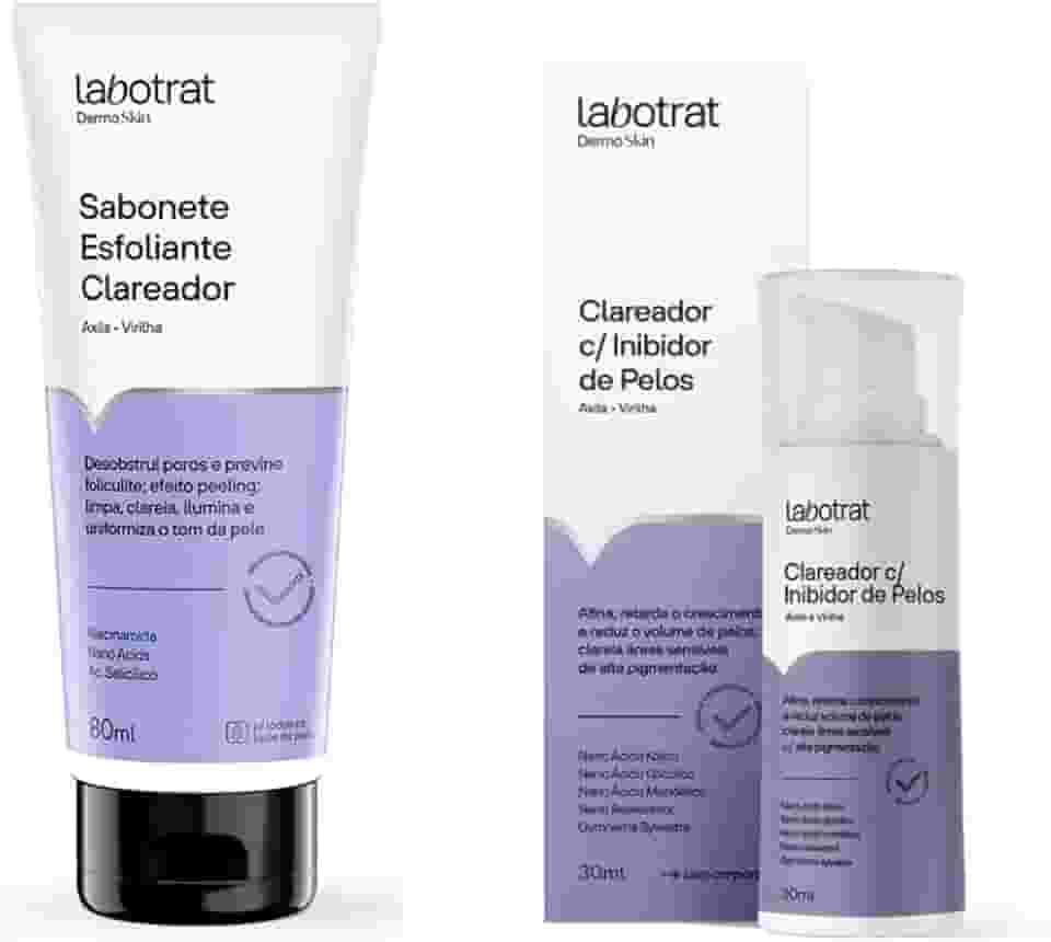 Kit Clareador e Inibidor de Pelos Labotrat Dermo Skin com Sabonete Esfoliante 80ml e Sérum Clareador 30ml Clareia Manchas Reduz Pelos e Foliculite para Axilas e Virilha com Tecnologia Nanotecnológica