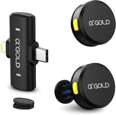 Microfone de Lapela Duplo Sem Fio α’GOLD Premium, 10h Bateria, Cancelamento de Ruído, Áudio Profissional, Compatível com iPhone e Android USB-C, Transmissor Duplo, Plug & Play para Vídeos e Lives