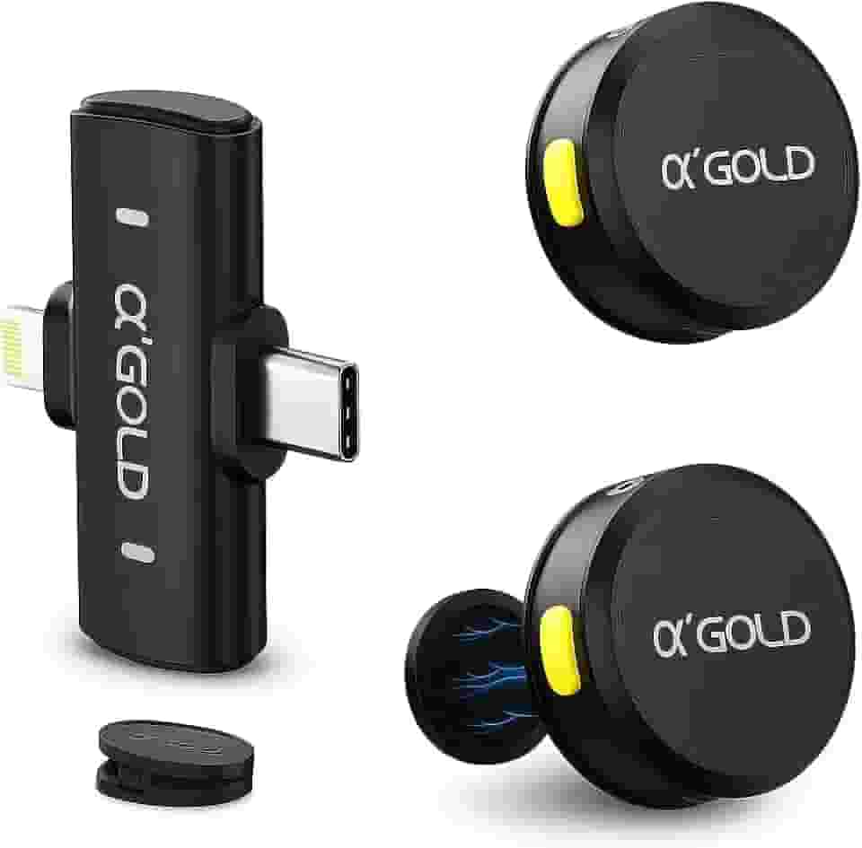 Microfone de Lapela Duplo Sem Fio α’GOLD Premium, 10h Bateria, Cancelamento de Ruído, Áudio Profissional, Compatível com iPhone e Android USB-C, Transmissor Duplo, Plug & Play para Vídeos e Lives