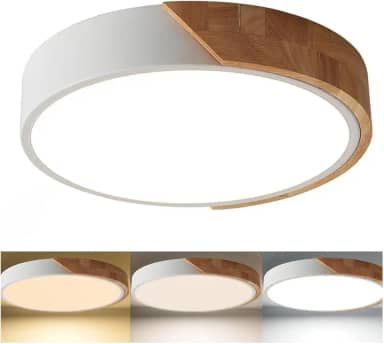 Luminária Plafon LED Redonda, 41cm, 25W, 3 Temperaturas de Cor, Branco e Madeira, Bivolt